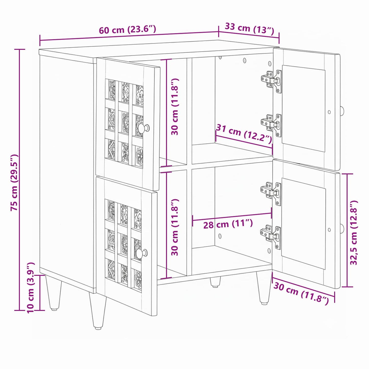 Sideboard mit Speicher Walnuss 60 x 33 x 75 cm Massivholz Mango