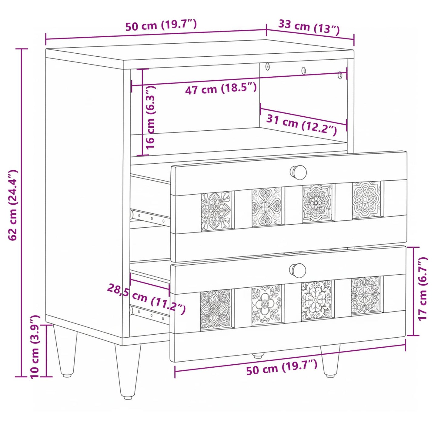 Nachttisch Natur 50 x 33 x 60 cm Massivholz Mango