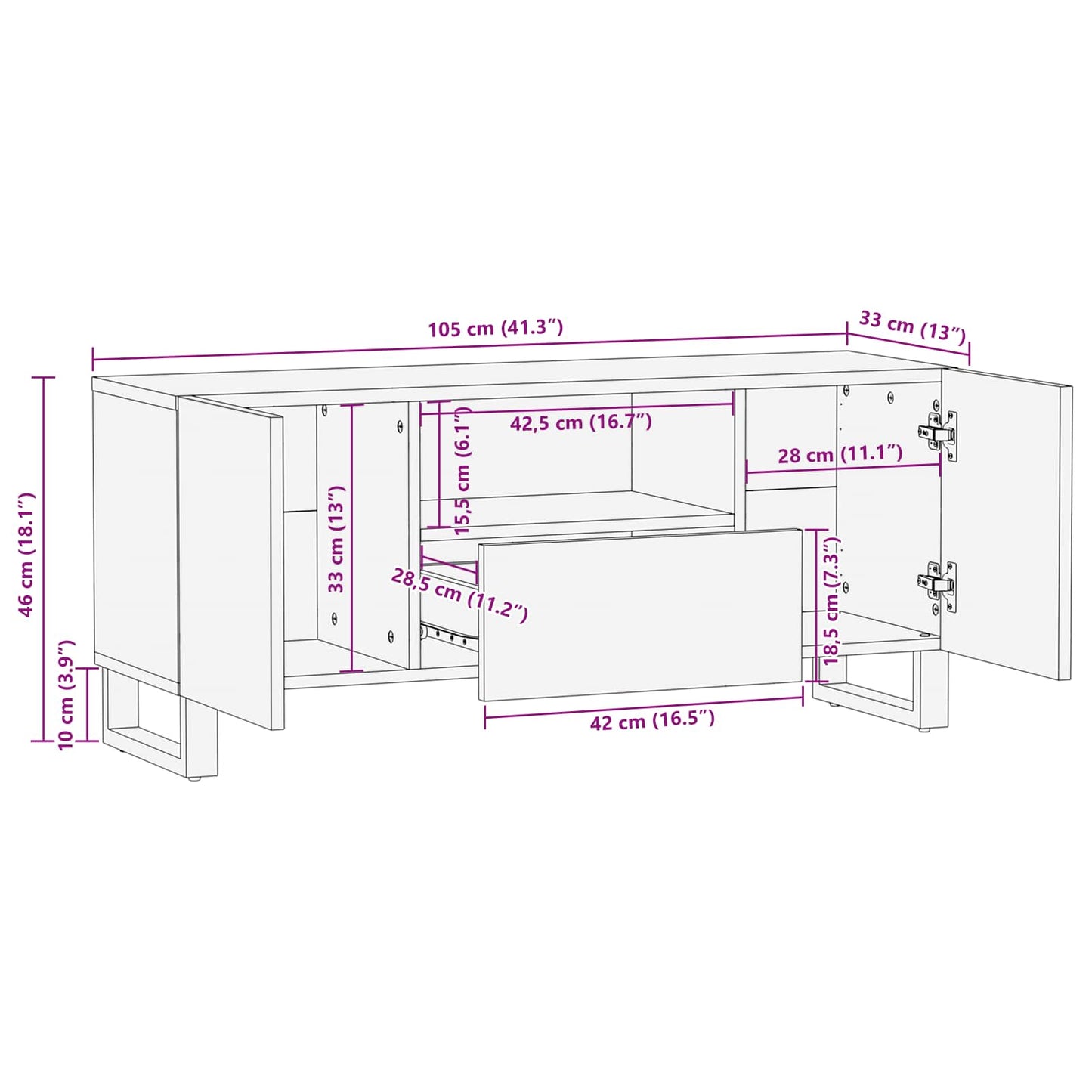 vidaXL TV-Schränk mit Regal Braun 105 x 33 x 46 cm Massivholz Mango