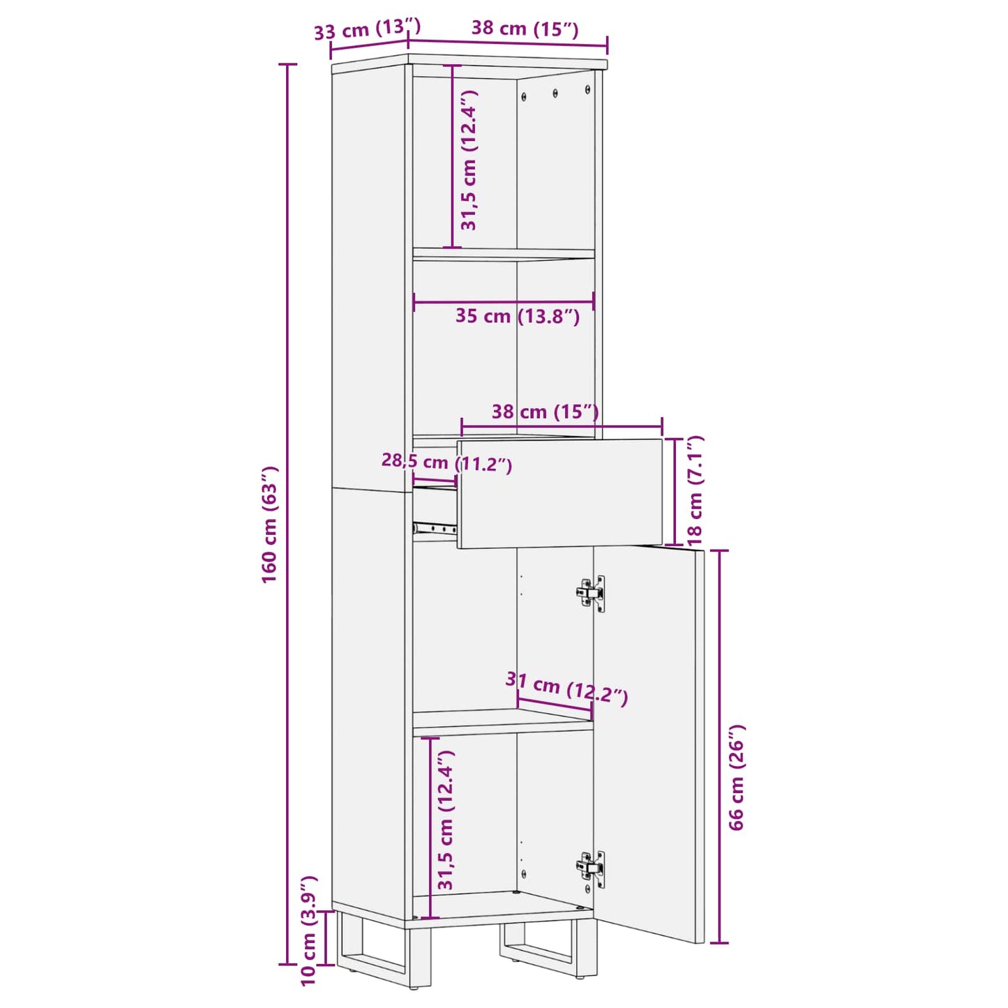 vidaXL Badezimmerschrank mit Schubladen Artisan-Eiche 38 x 33 x 160 cm