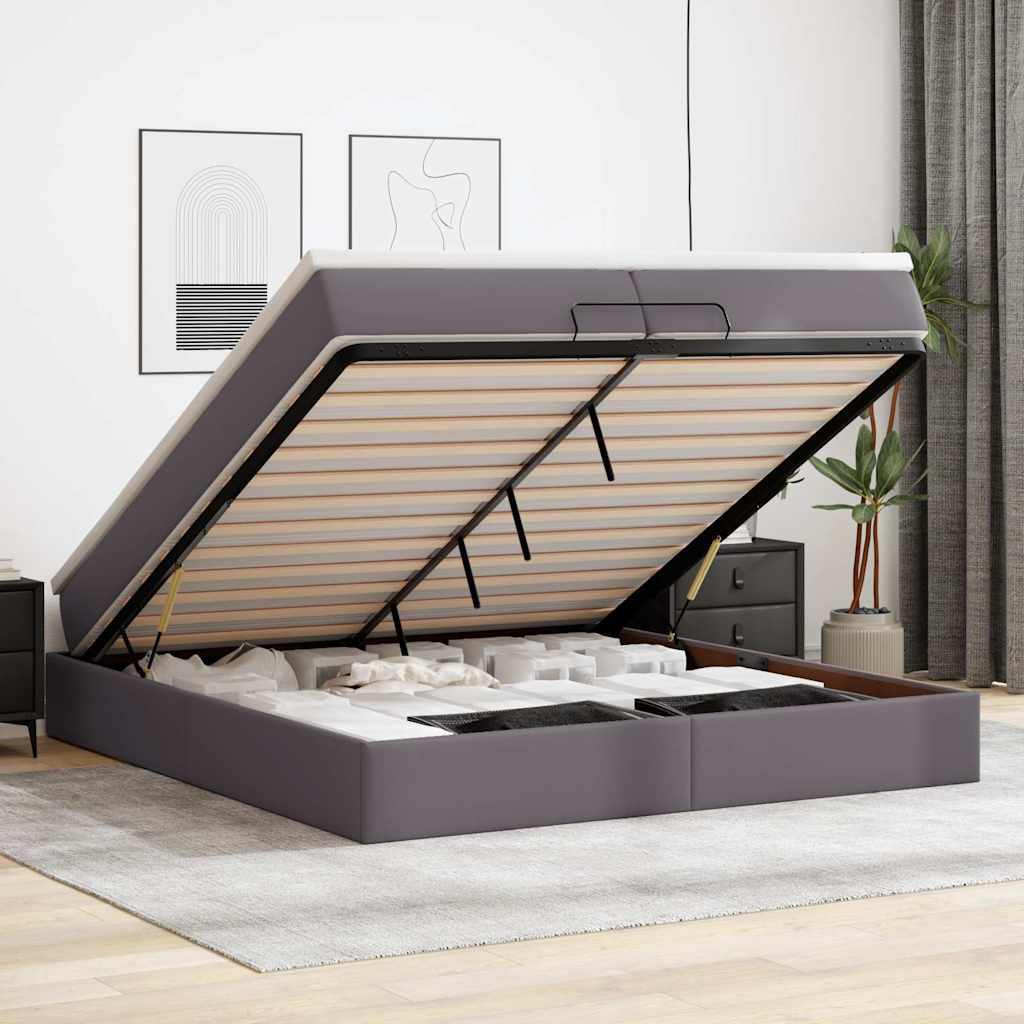 vidaXL Ottoman-Bett mit Matratzen Grau 200x200 cm Kunstleder