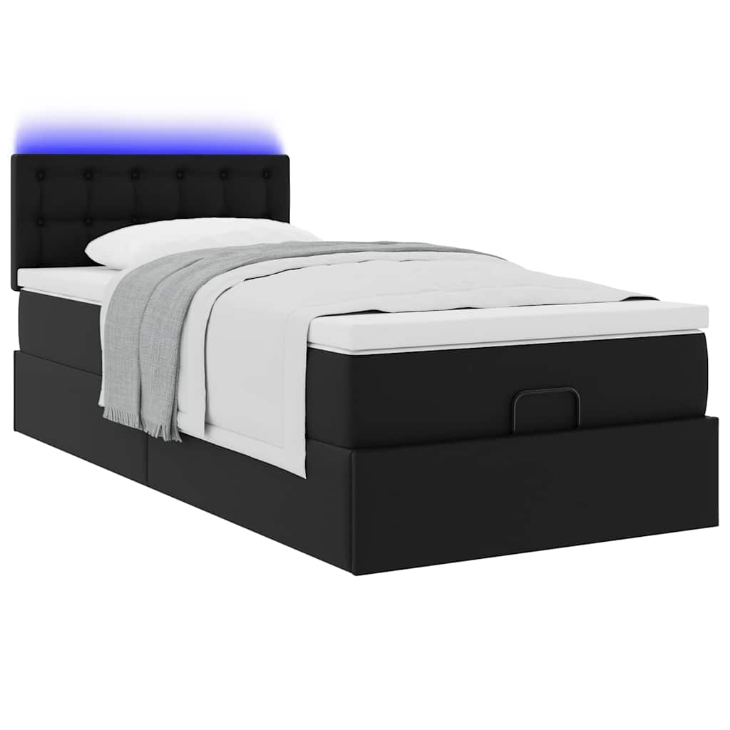 Ottoman-Bett mit Matratzen & LEDs Schwarz 90x190 cm Kunstleder