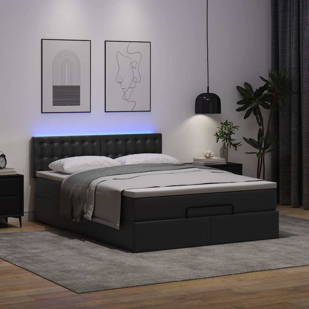 Ottoman-Bett mit Matratzen & LEDs Schwarz 140x200 cm Kunstleder