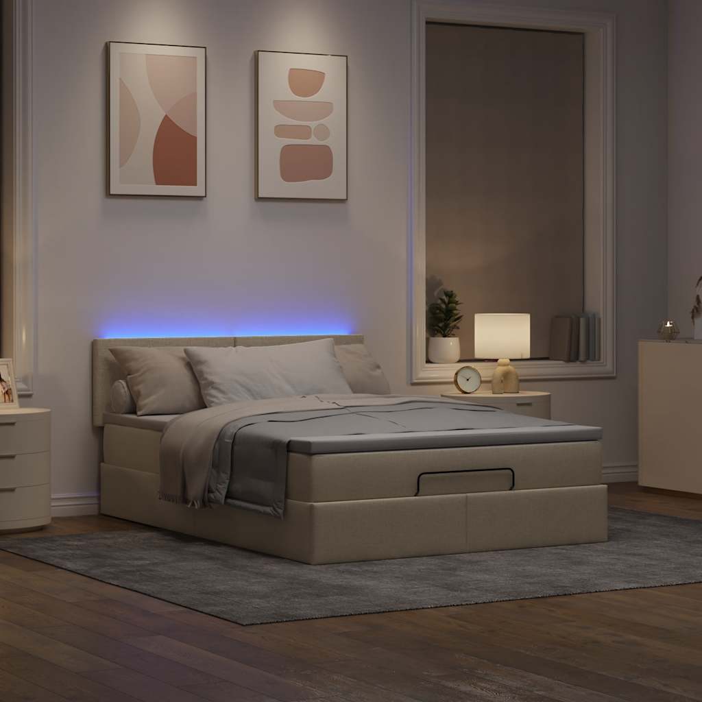 Ottomane Bett mit Matratze & LEDs Creme 140x190 cm Stoff
