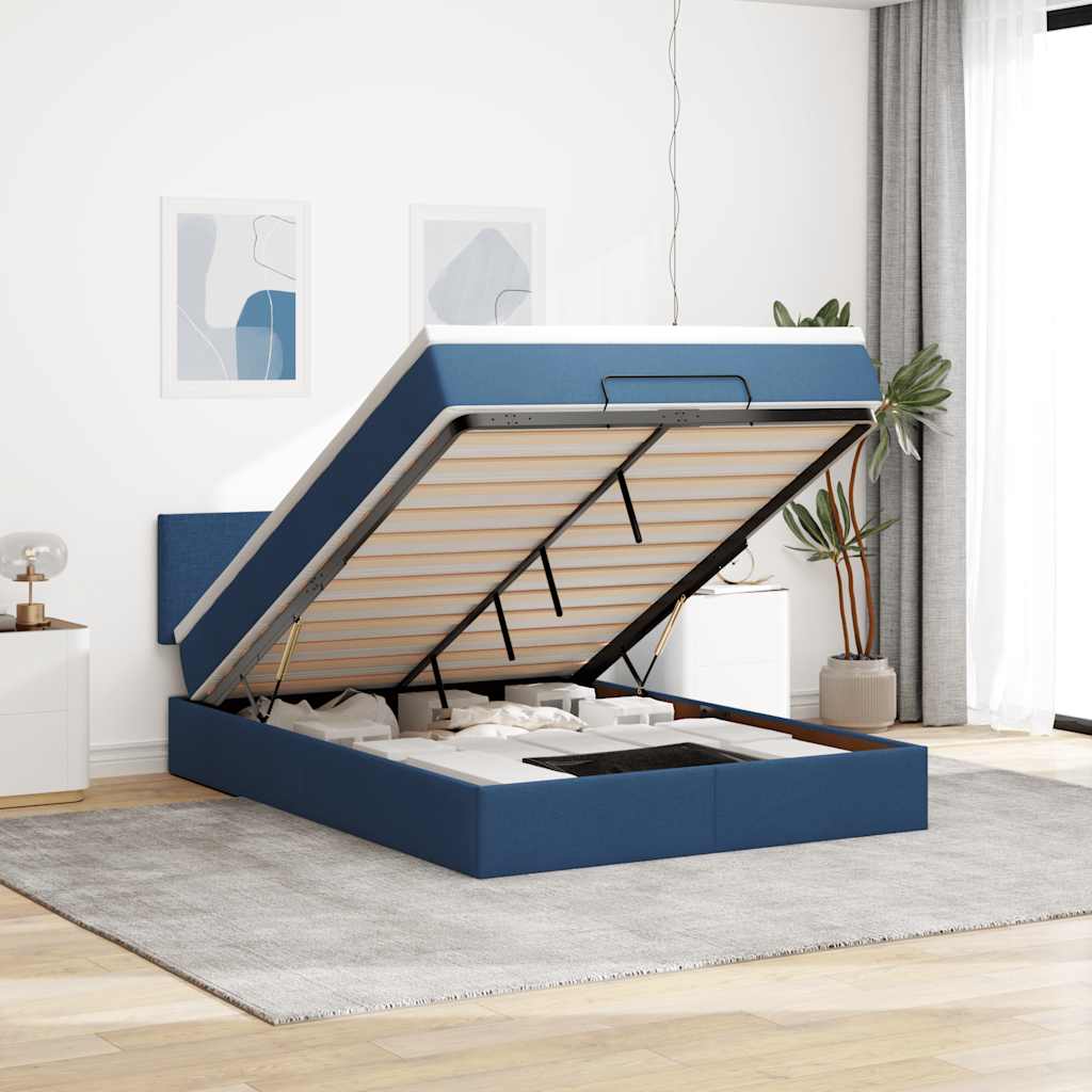 vidaXL Ottoman-Bett mit Matratze & LEDs Blau 140x200 cm Stoff