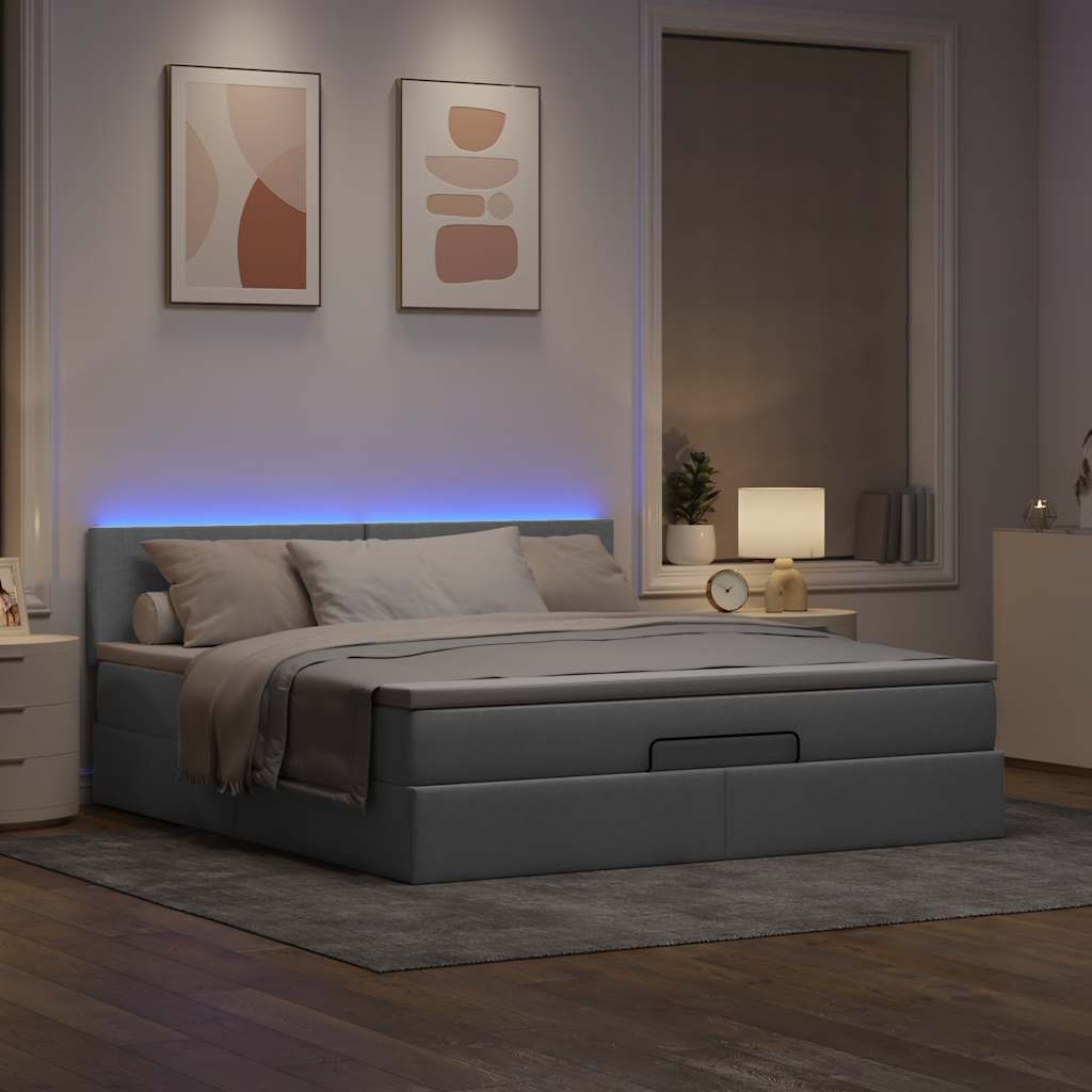 vidaXL Ottomane Bett mit Matratze & LEDs Hellgrau 180x200 cm Stoff