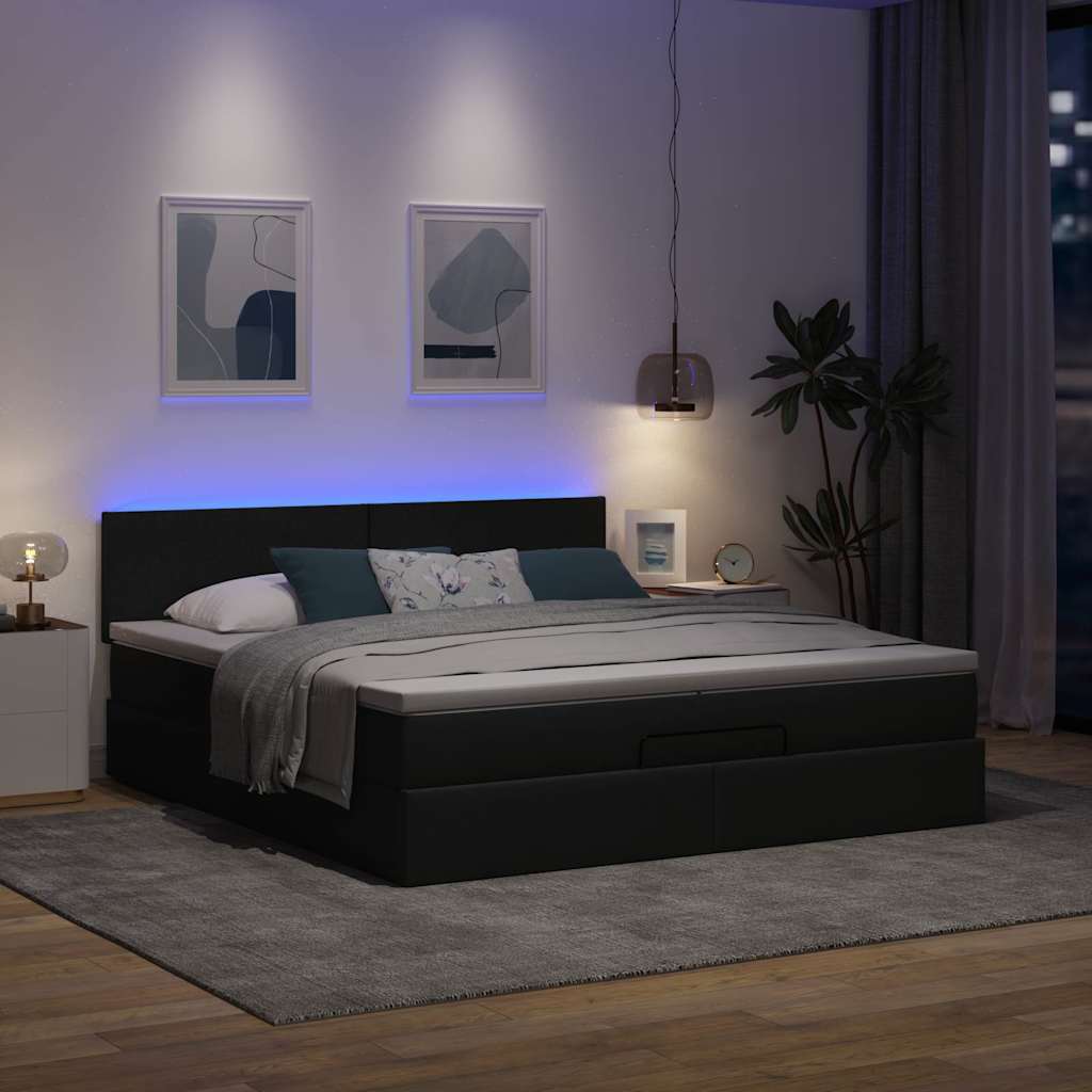 Ottoman-Bett mit Matratzen & LEDs Dunkelgrau 200x200 cm Stoff