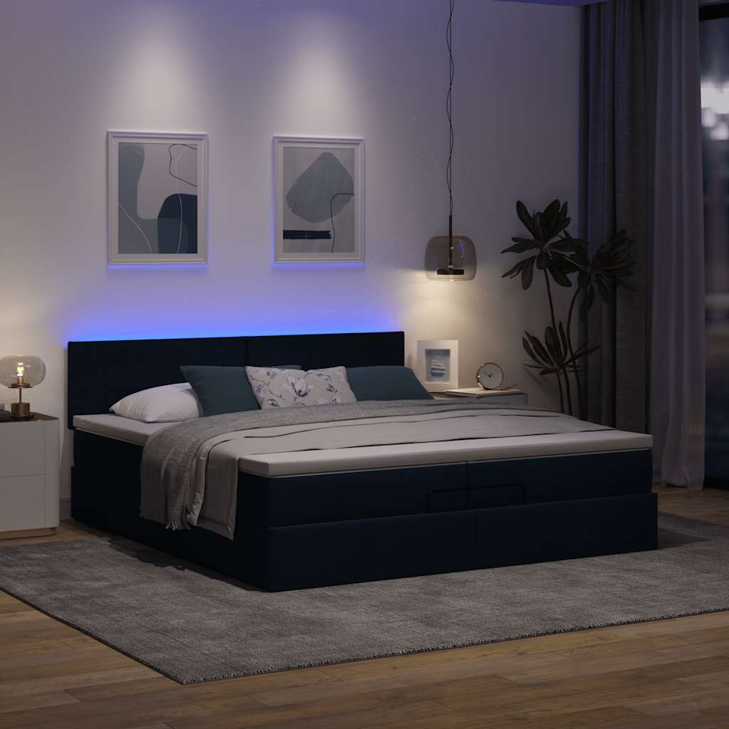 vidaXL Ottoman-Bett mit Matratzen & LEDs Blau 200x200 cm Stoff
