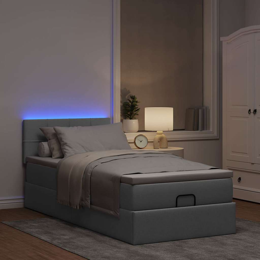 vidaXL Ottoman-Bett mit Matratze & LEDs Hellgrau 90x190 cm Stoff