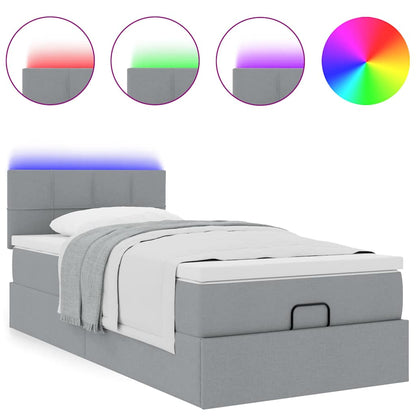 vidaXL Ottoman-Bett mit Matratze & LEDs Hellgrau 90x190 cm Stoff