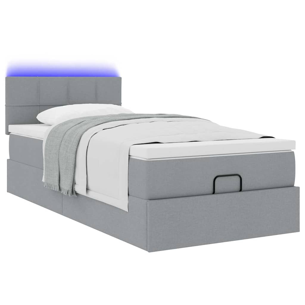 vidaXL Ottoman-Bett mit Matratze & LEDs Hellgrau 90x190 cm Stoff