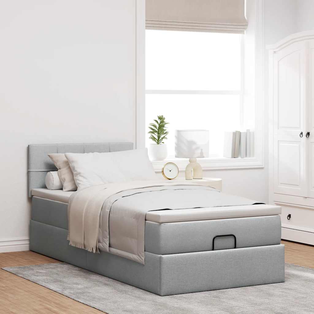 vidaXL Ottoman-Bett mit Matratze & LEDs Hellgrau 100x200 cm Stoff