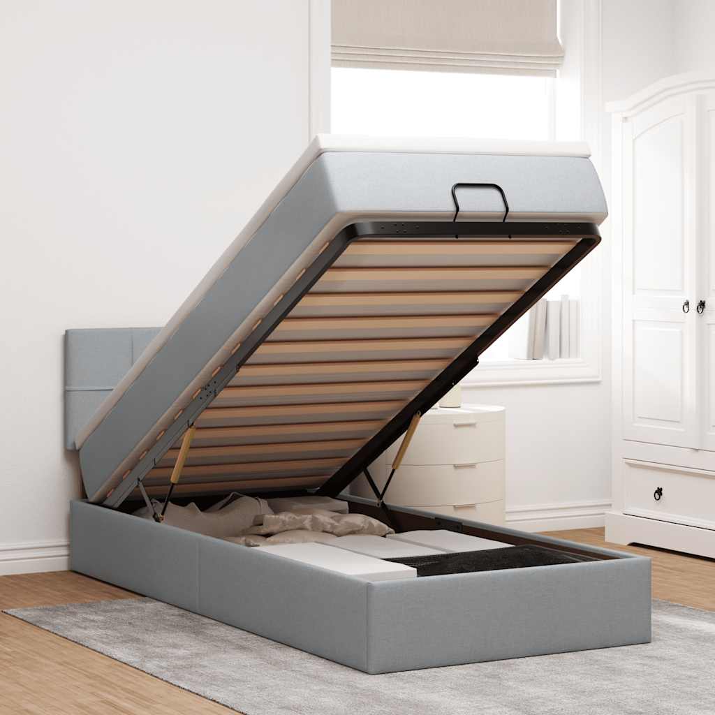 vidaXL Ottoman-Bett mit Matratze & LEDs Hellgrau 100x200 cm Stoff