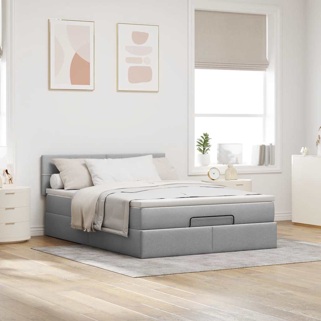 vidaXL Ottoman-Bett mit Matratze & LEDs Hellgrau 140x200 cm Stoff