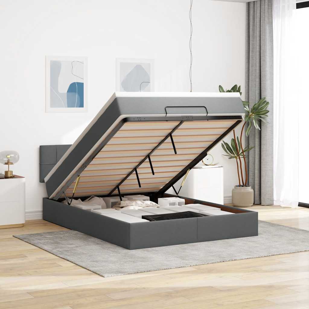 Ottomane Bett mit Matratze & LEDs Dunkelgrau 140x200 cm Stoff