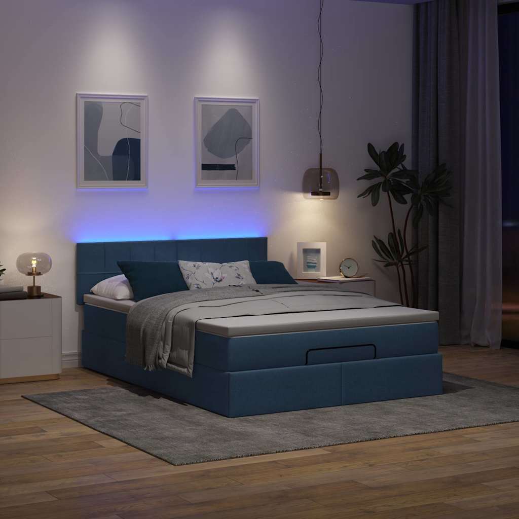 vidaXL Ottoman-Bett mit Matratze & LEDs Blau 140x200 cm Stoff