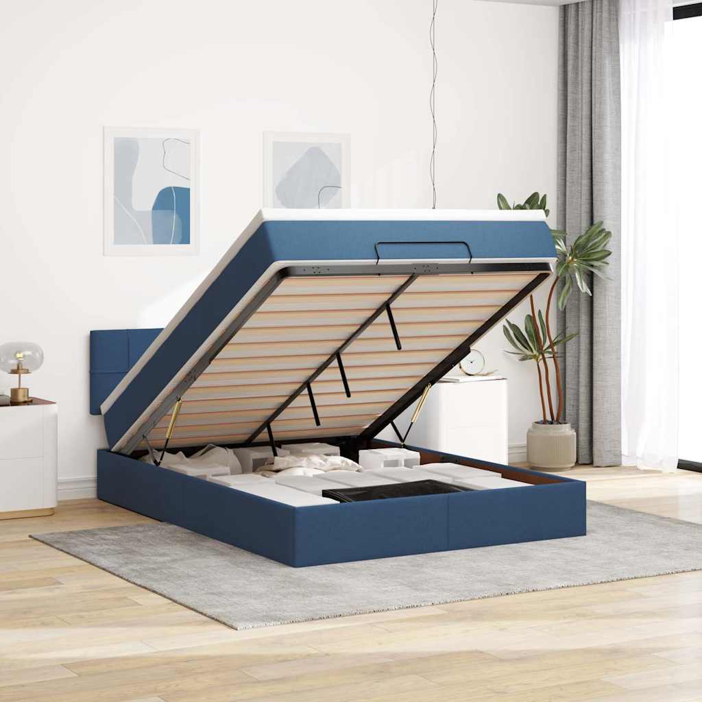 vidaXL Ottoman-Bett mit Matratze & LEDs Blau 140x200 cm Stoff