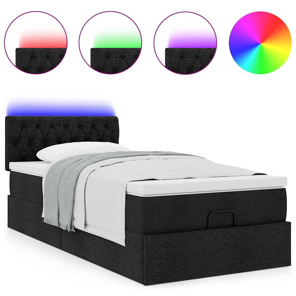 Ottoman-Bett mit Matratze & LEDs Schwarz 90x200 cm Stoff