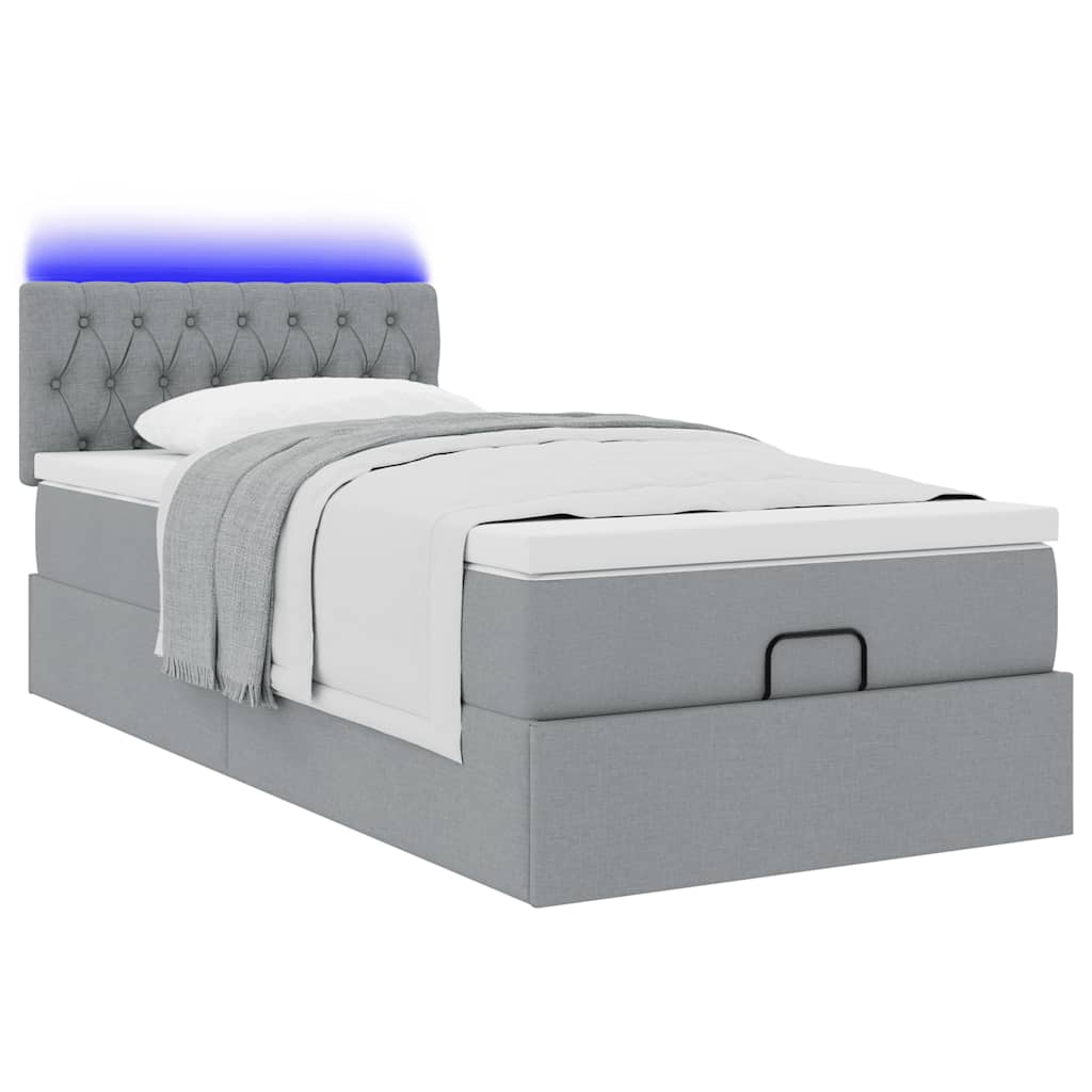 vidaXL Ottoman-Bett mit Matratze & LEDs Hellgrau 100x200 cm Stoff