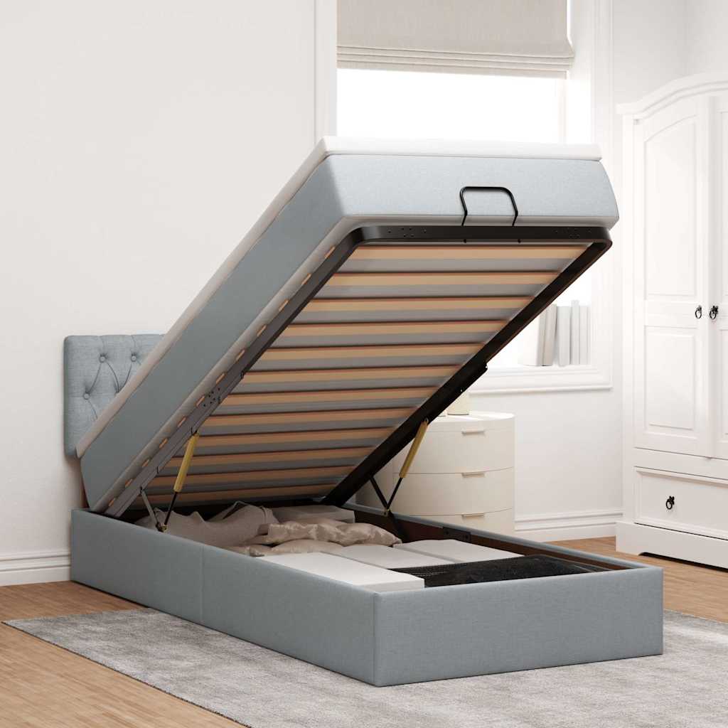 vidaXL Ottoman-Bett mit Matratze & LEDs Hellgrau 100x200 cm Stoff