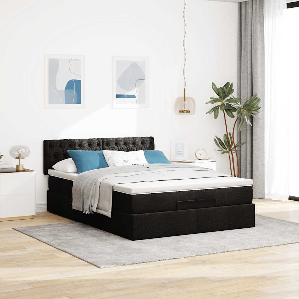 vidaXL Ottomane Bett mit Matratze & LEDs Schwarz 140x190 cm Stoff