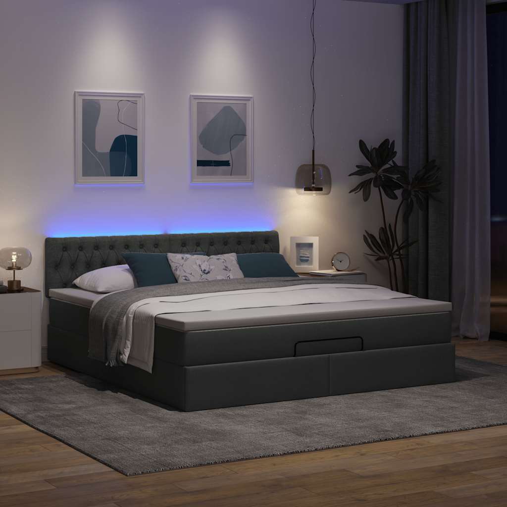 Ottomane Bett mit Matratze & LEDs Dunkelgrau 180x200 cm Stoff