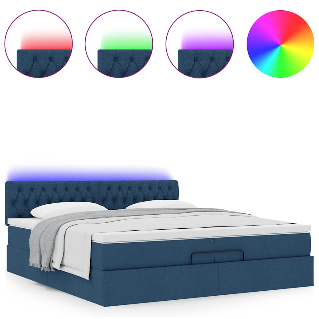 vidaXL Ottoman-Bett mit Matratzen & LEDs Blau 200x200 cm Stoff