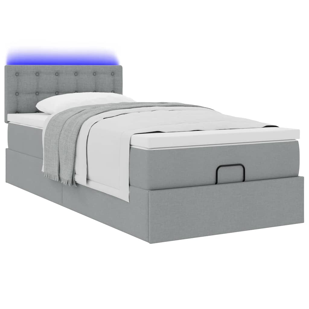 Ottoman-Bett mit Matratze & LEDs Hellgrau 90x190 cm Stoff
