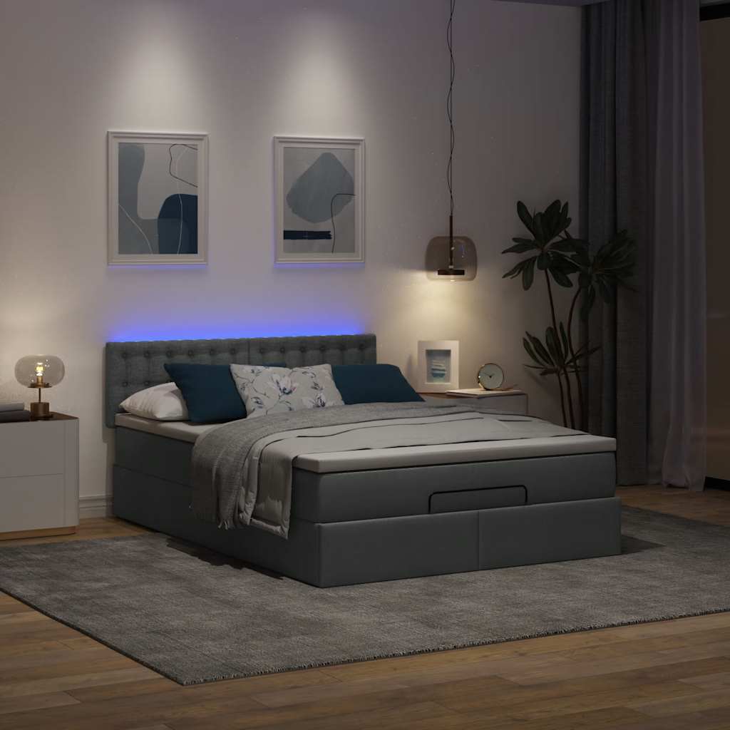 Ottomane Bett mit Matratze & LEDs Dunkelgrau 140x190 cm Stoff