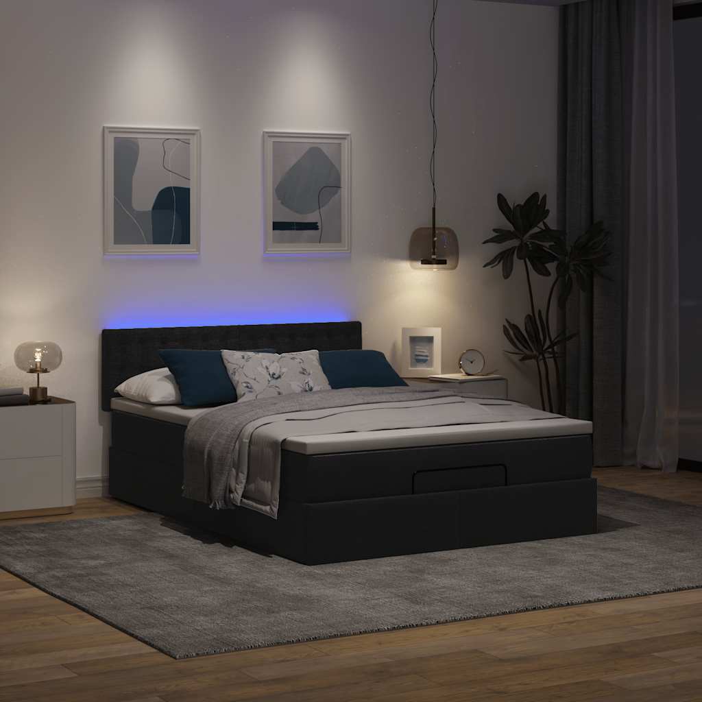 Ottomane Bett mit Matratze & LEDs Schwarz 140x190 cm Stoff