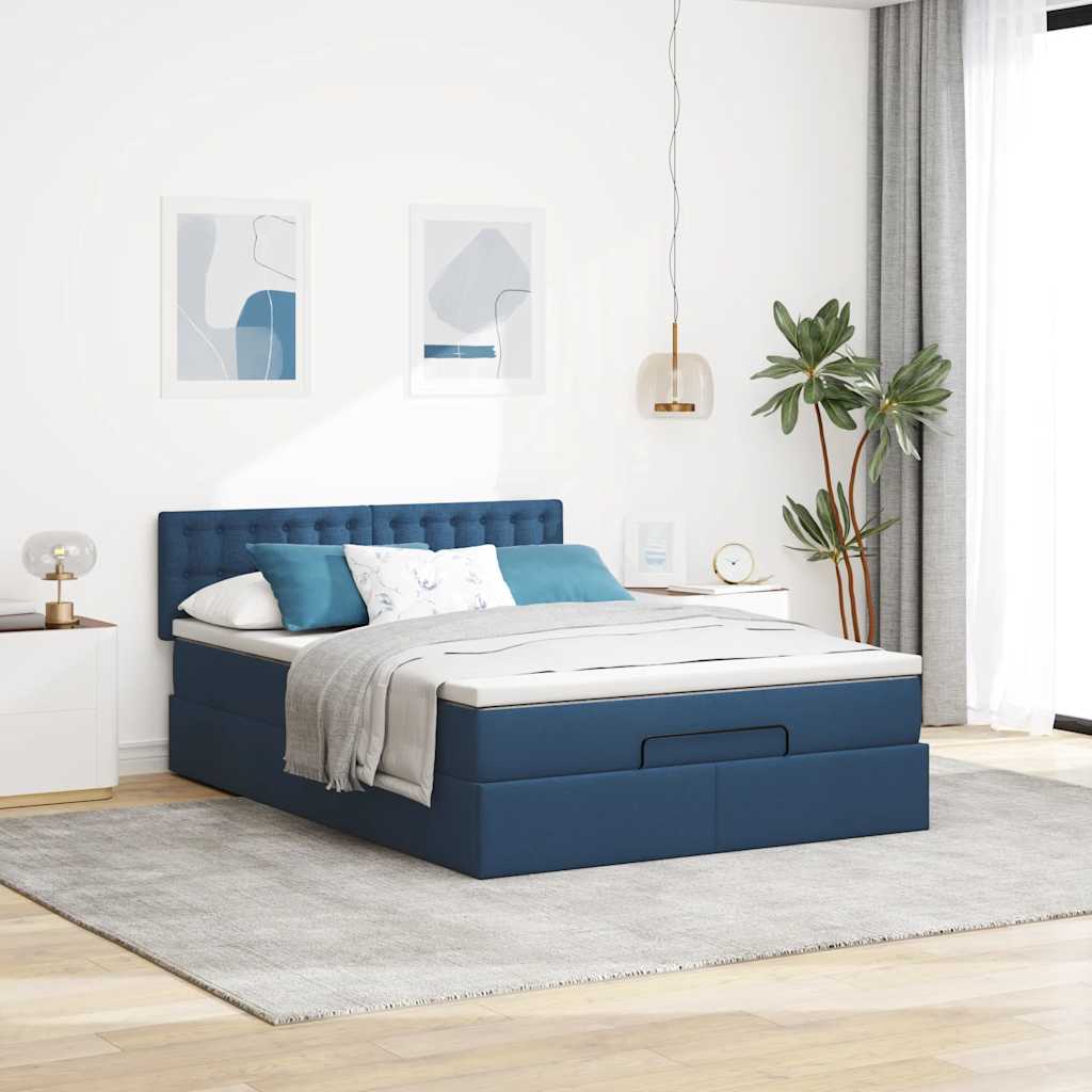 vidaXL Ottoman-Bett mit Matratze & LEDs Blau 140x200 cm Stoff