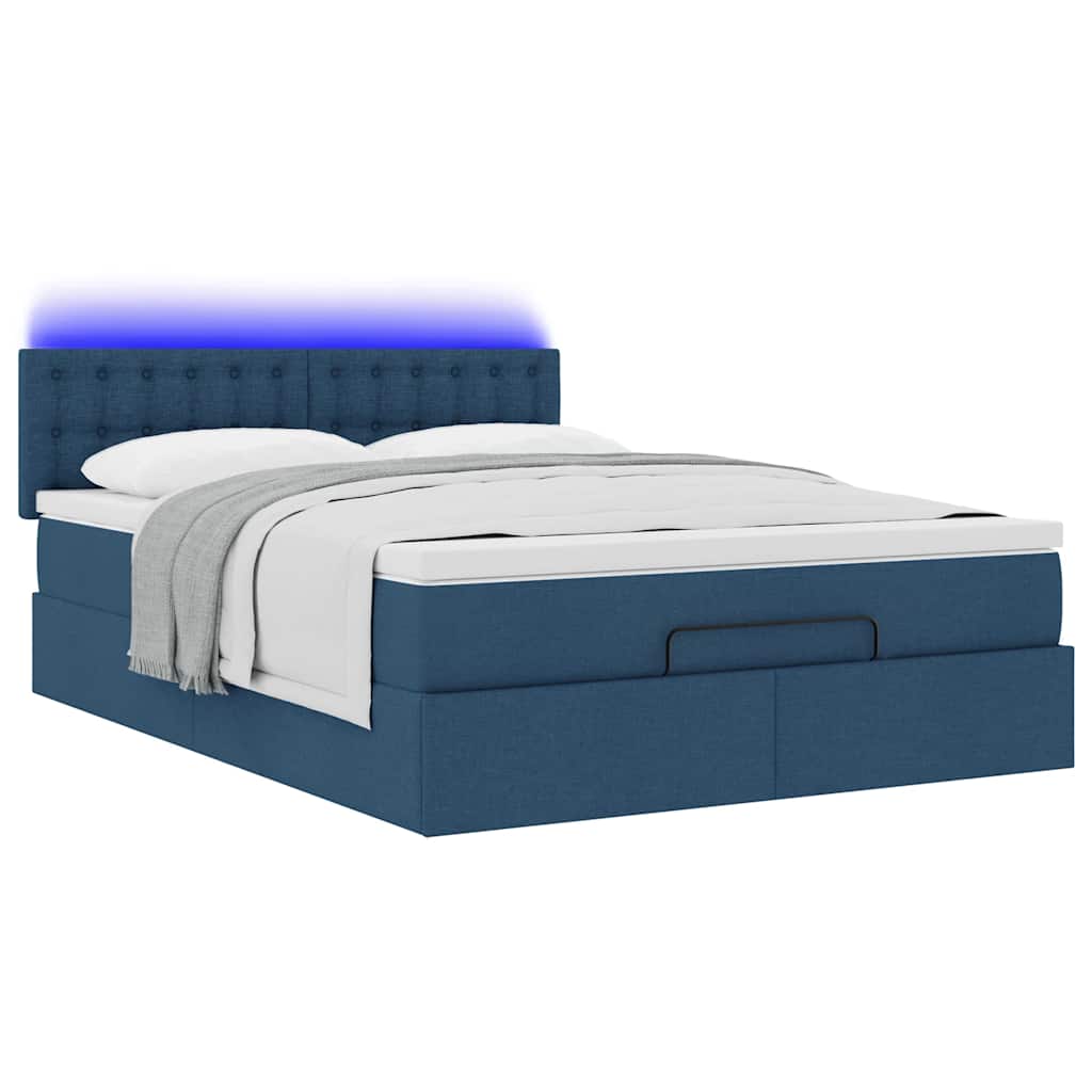 vidaXL Ottoman-Bett mit Matratze & LEDs Blau 140x200 cm Stoff