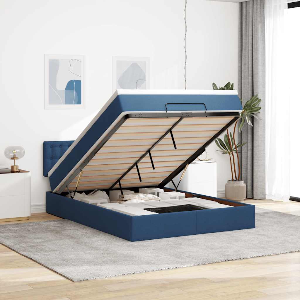 vidaXL Ottoman-Bett mit Matratze & LEDs Blau 140x200 cm Stoff