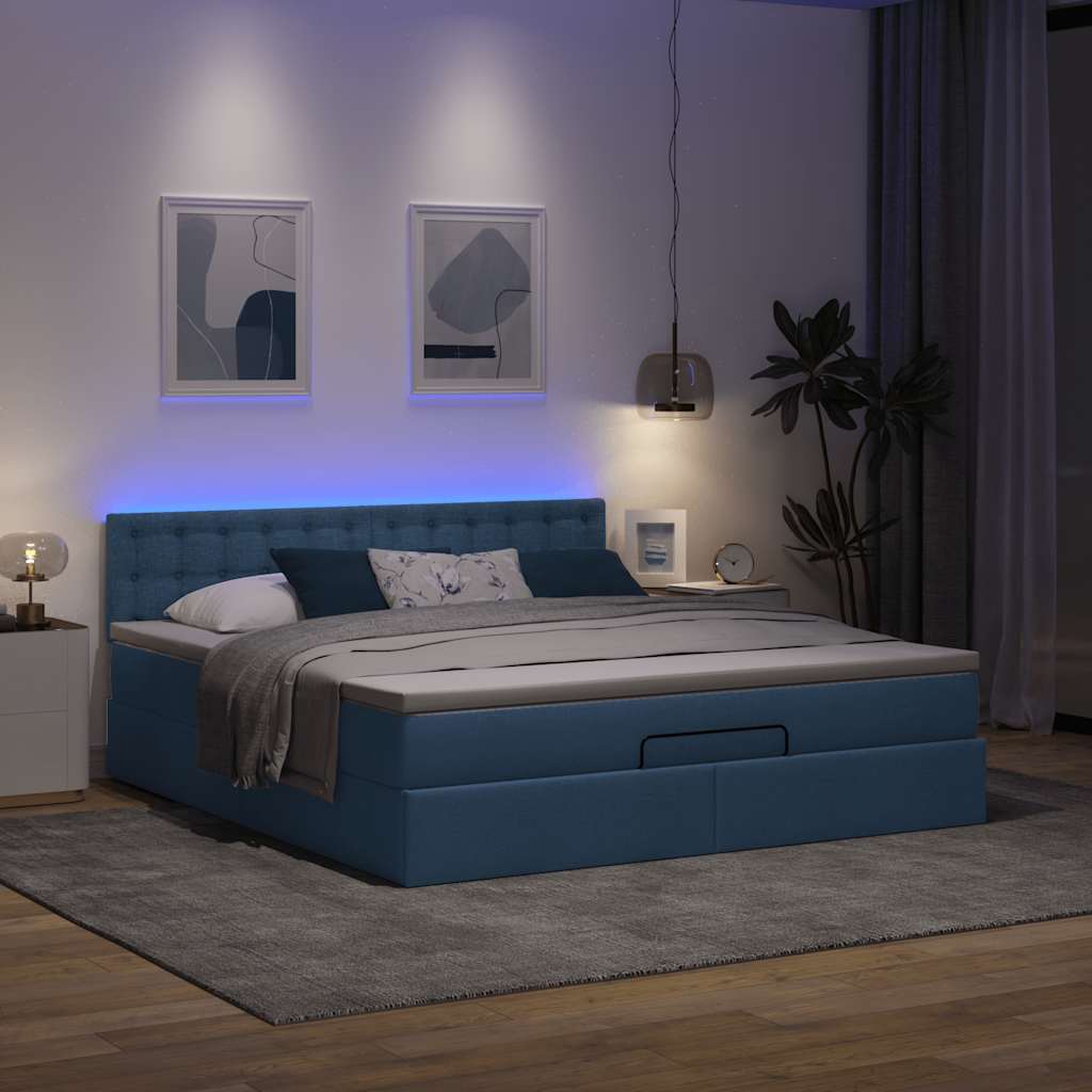 vidaXL Ottoman-Bett mit Matratze & LEDs Blau 160x200 cm Stoff
