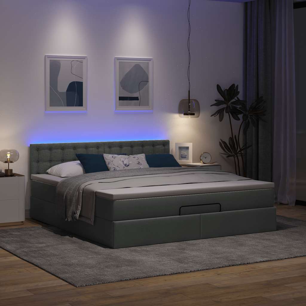 Ottomane Bett mit Matratze & LEDs Dunkelgrau 180x200 cm Stoff