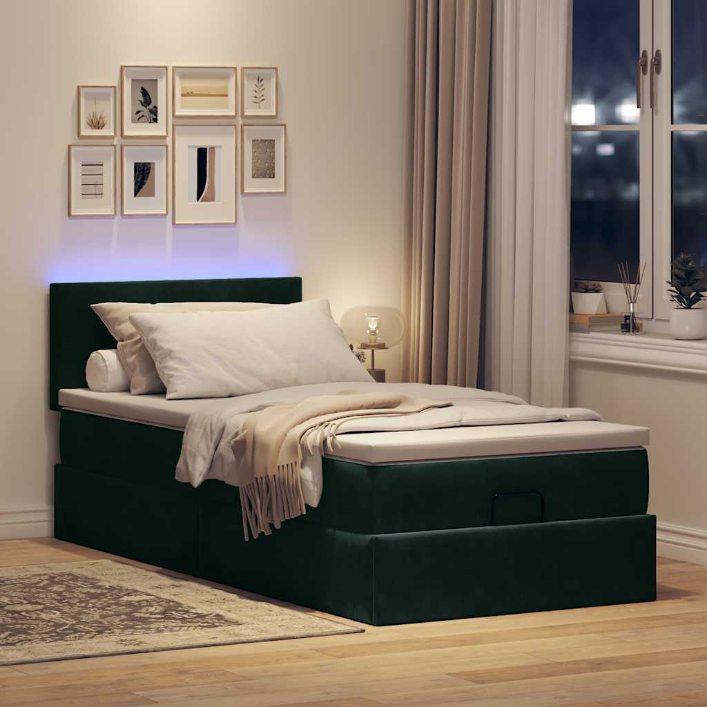 vidaXL Lit ottoman avec matelas et LED vert foncé 90x190 cm Velours