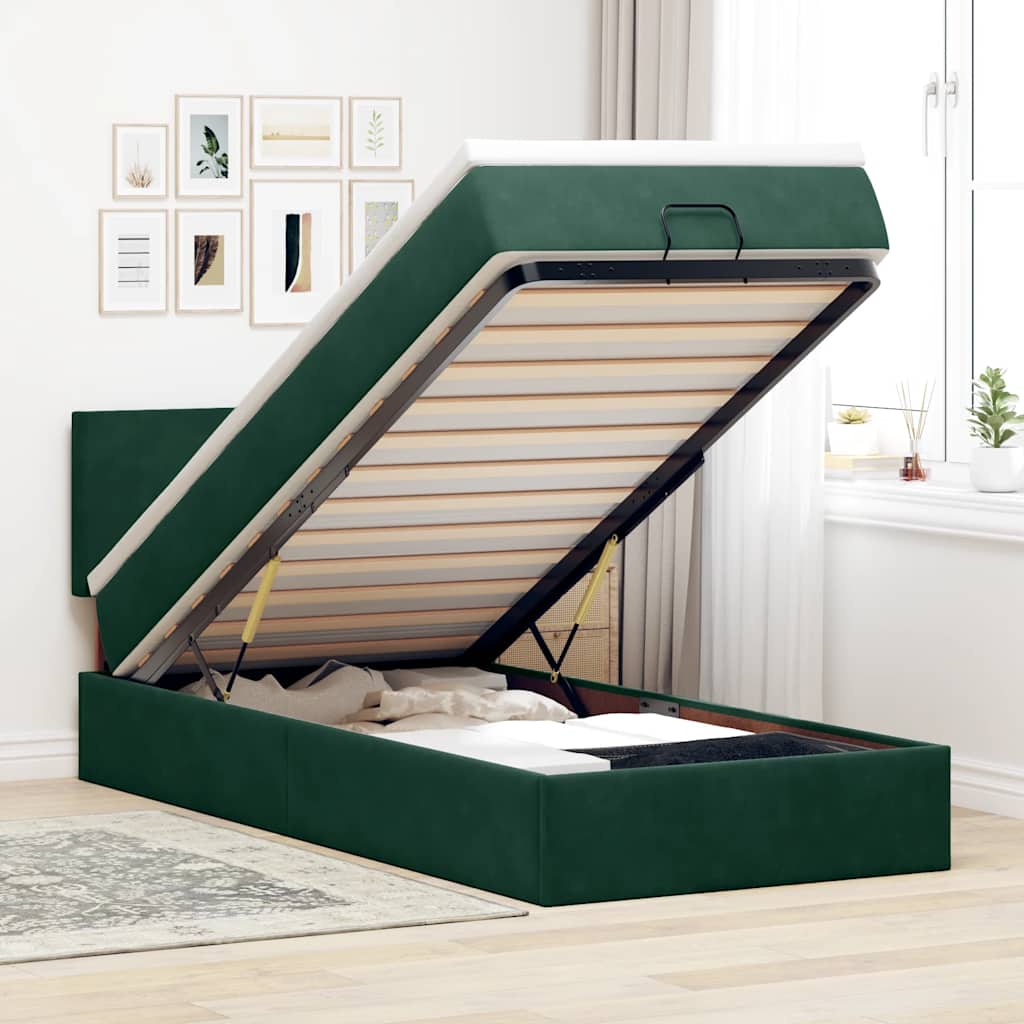 vidaXL Lit ottoman avec matelas et LED vert foncé 90x190 cm Velours