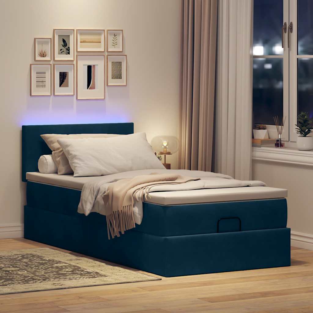 Ottoman-Bett mit Matratze & LEDs Dunkelblau 90x190 cm Samt