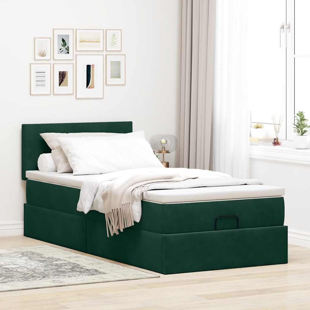 vidaXL Ottoman-Bett mit Matratze & LEDs Dunkelgrün 100x200 cm Samt