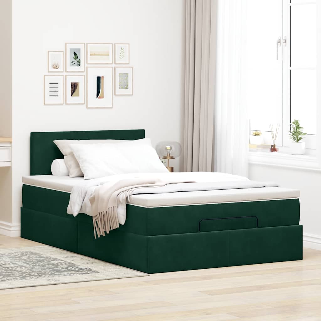 vidaXL Ottoman-Bett mit Matratze & LEDs Dunkelgrün 120x200 cm Samt