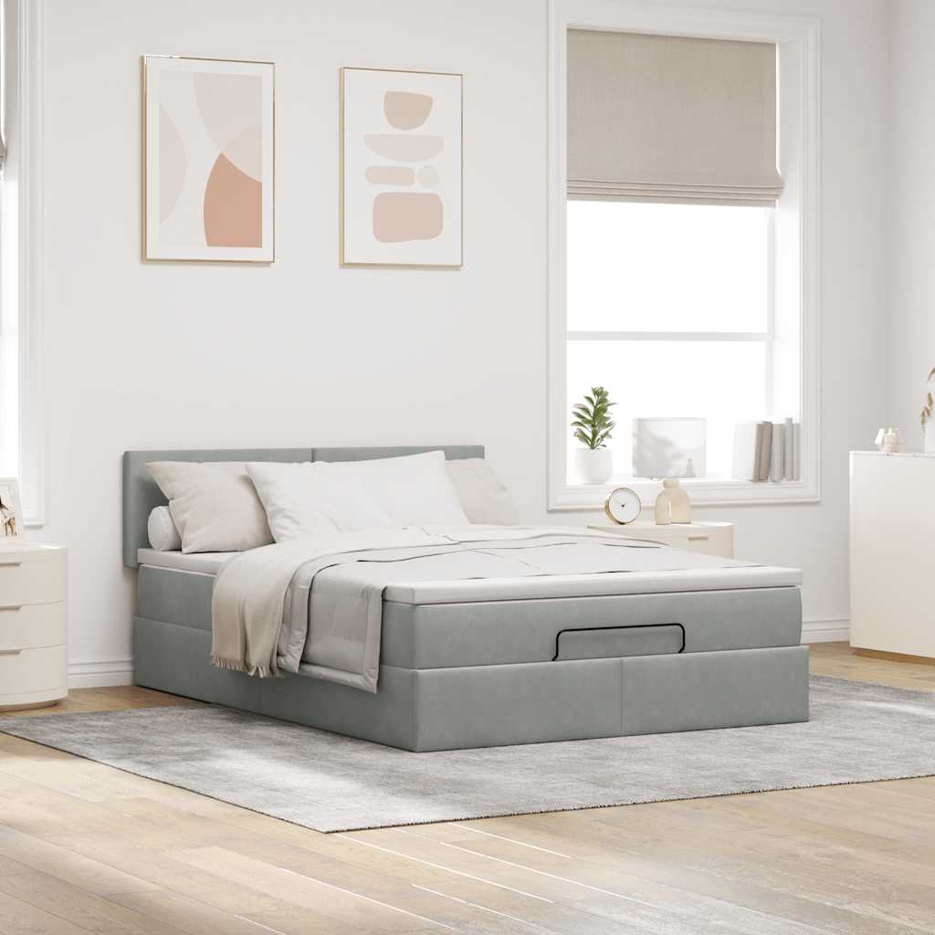 vidaXL Ottoman-Bett mit Matratze & LEDs Hellgrau 140x200 cm Samt