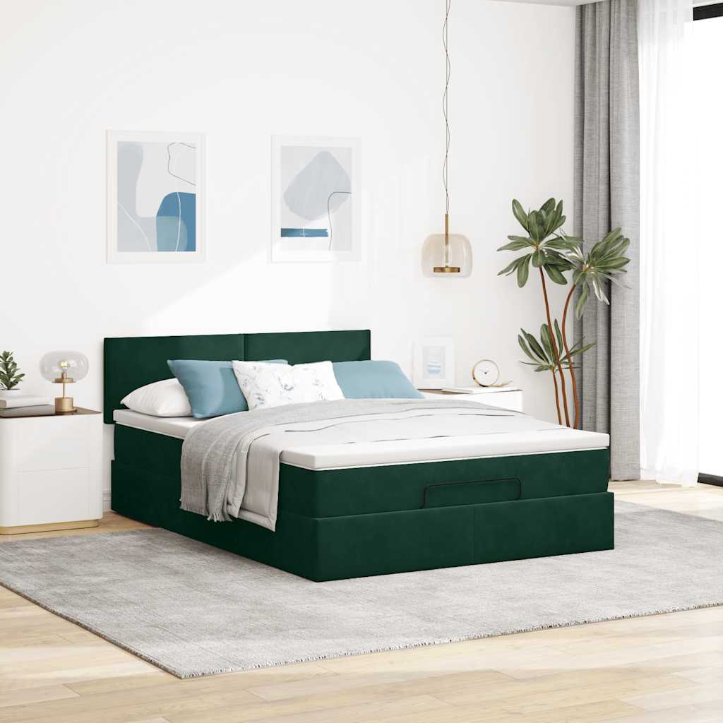 vidaXL Ottoman-Bett mit Matratze & LEDs Dunkelgrün 140x200 cm Samt