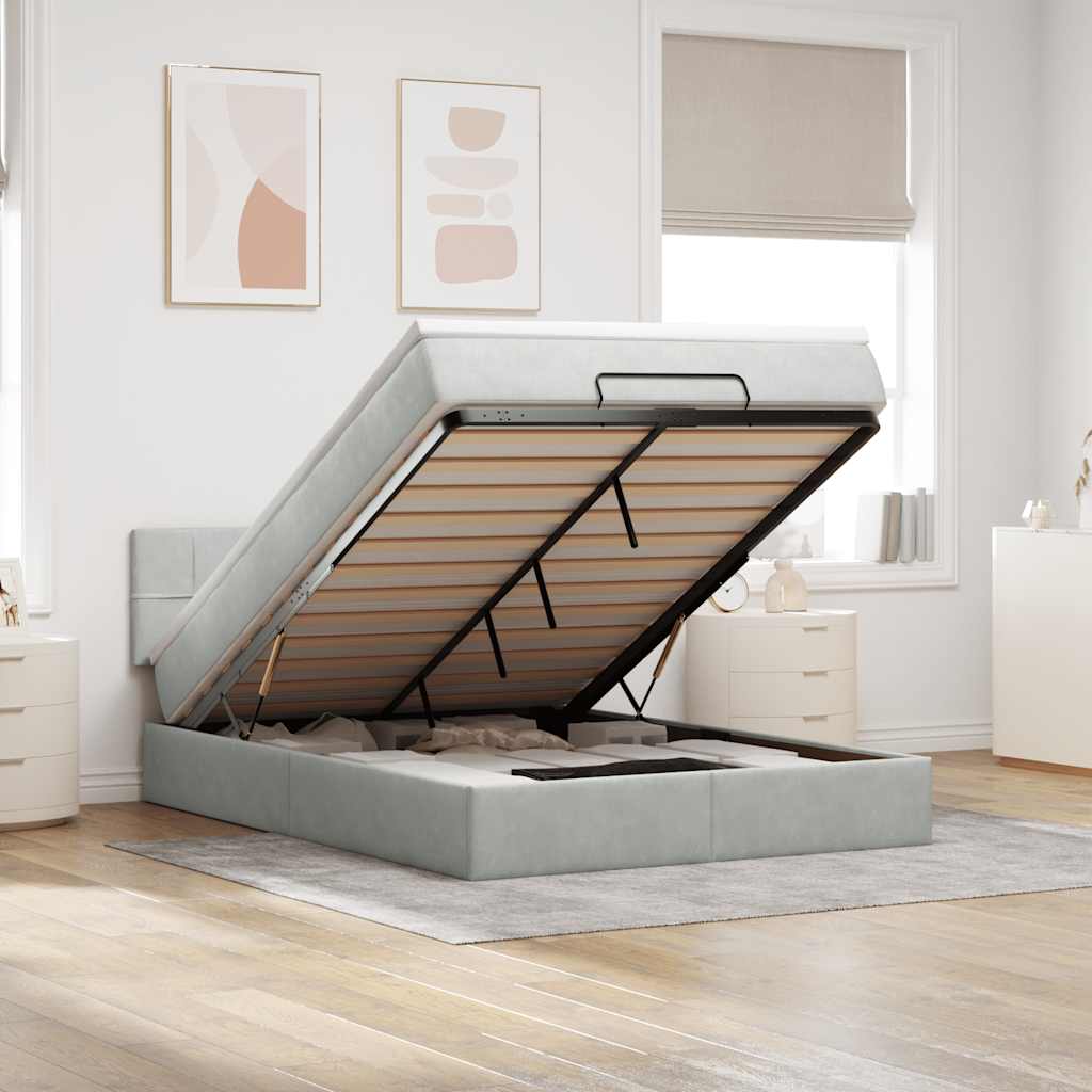 vidaXL Ottoman-Bett mit Matratze & LEDs Hellgrau 140x200 cm Samt