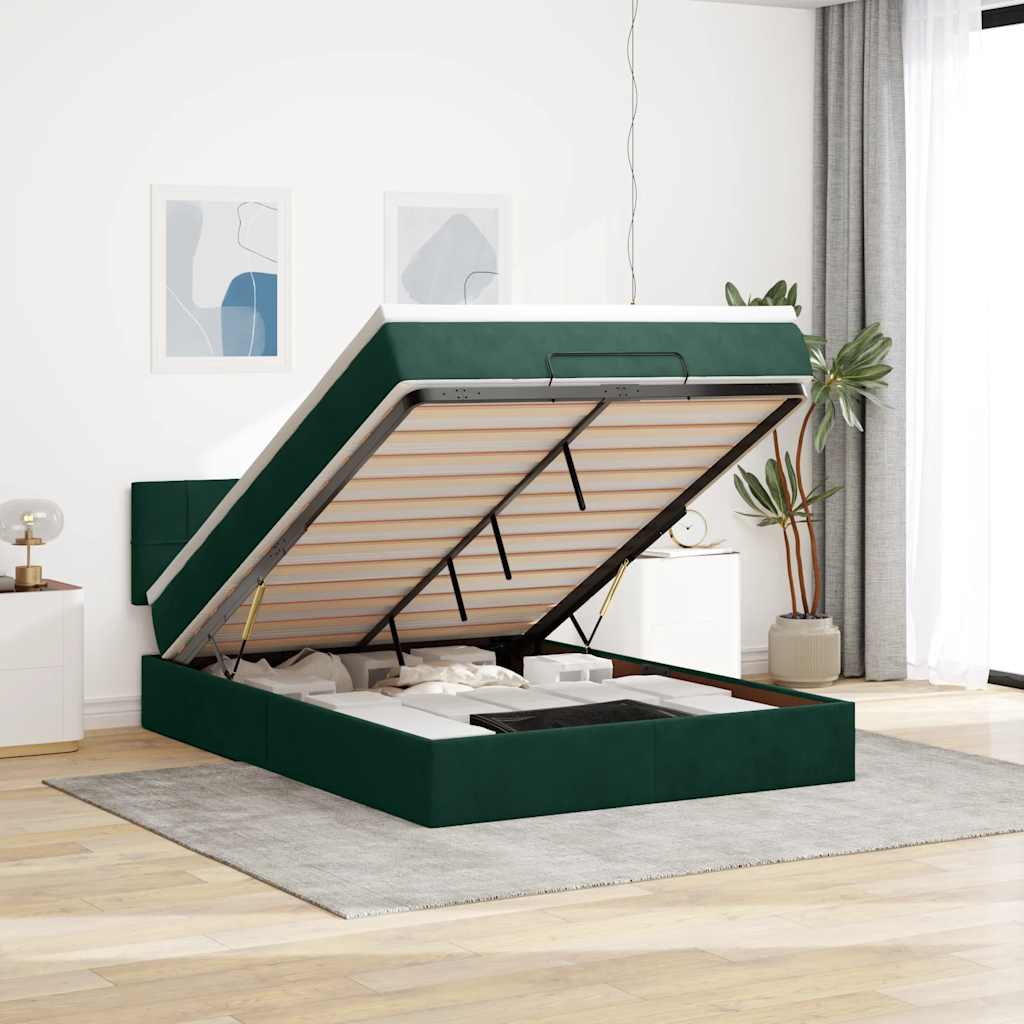 vidaXL Ottoman-Bett mit Matratze & LEDs Dunkelgrün 140x200 cm Samt