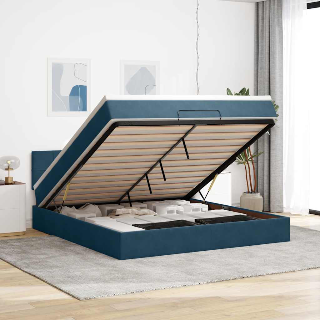 vidaXL Ottoman-Bett mit Matratze & LEDs Dunkelblau 160x200 cm Samt