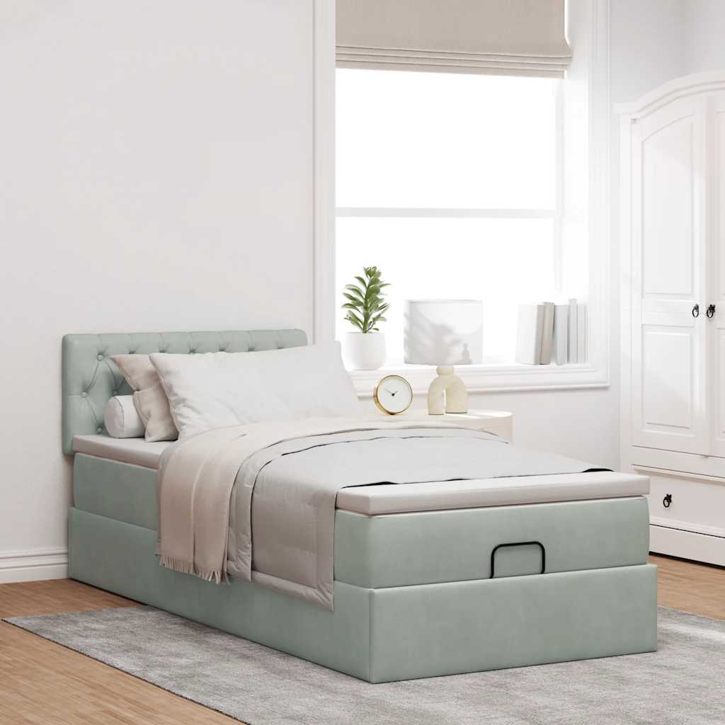 vidaXL Ottoman-Bett mit Matratze & LEDs Hellgrau 90x190 cm Samt
