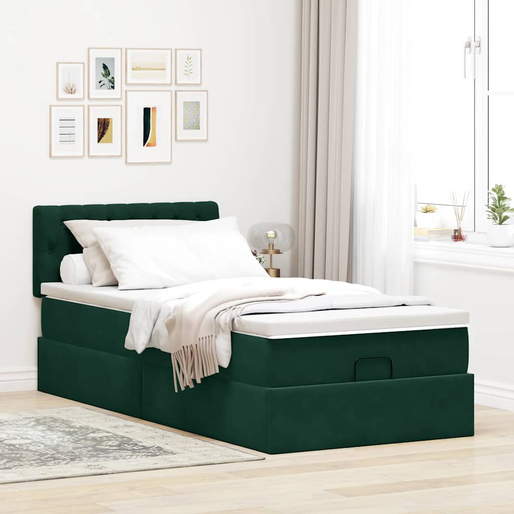vidaXL Ottoman-Bett mit Matratze & LEDs Dunkelgrün 100x200 cm Samt