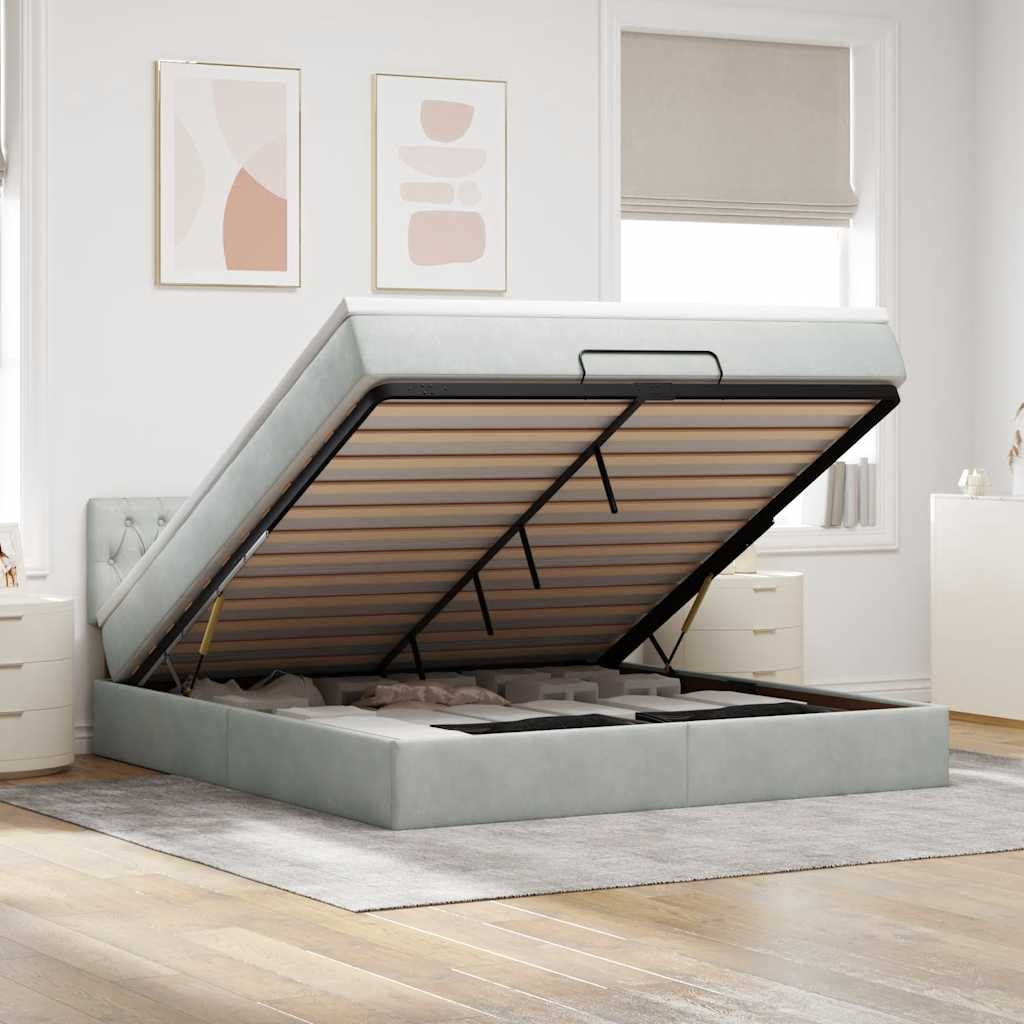 vidaXL Ottoman-Bett mit Matratze & LEDs Hellgrau 160x200 cm Samt