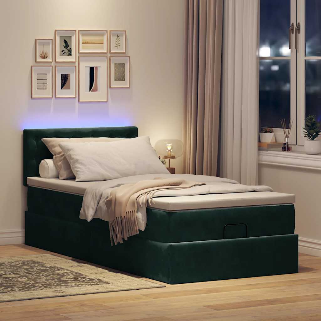 Ottoman-Bett mit Matratze & LEDs Dunkelgrün 90x190 cm Samt