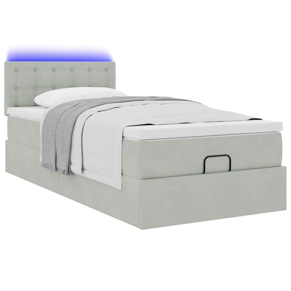 vidaXL Ottoman-Bett mit Matratze & LEDs Hellgrau 90x200 cm Samt